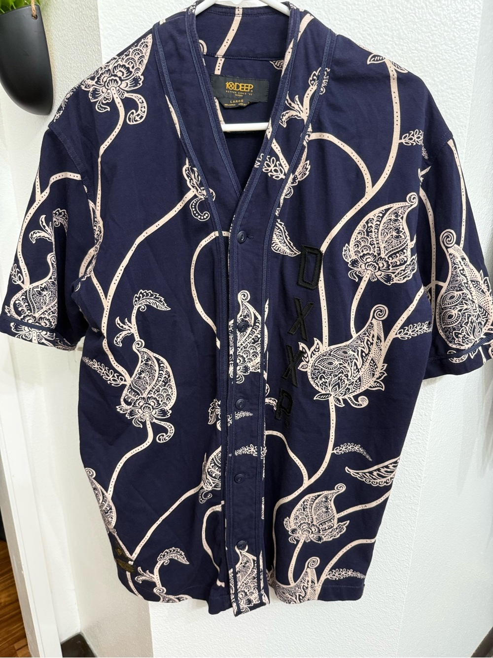 10 Deep Navy Blue Paisley Baseball Jersey Shirt - Men's Large
